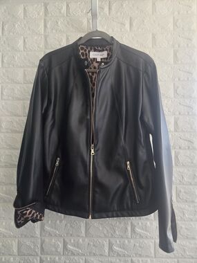 Calvin Klein Women's Black Faux Leather Zip Jacket With Leopard Lining